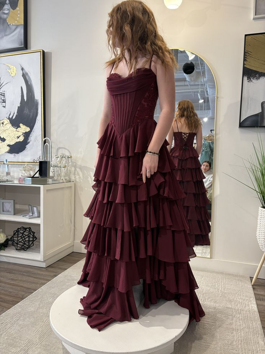 A Line Burgundy Layered Prom Dress Spaghetti Straps Tiered Chiffon Evening Dress J9015