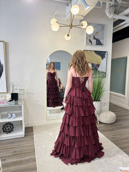 A Line Burgundy Layered Prom Dress Spaghetti Straps Tiered Chiffon Evening Dress J9015