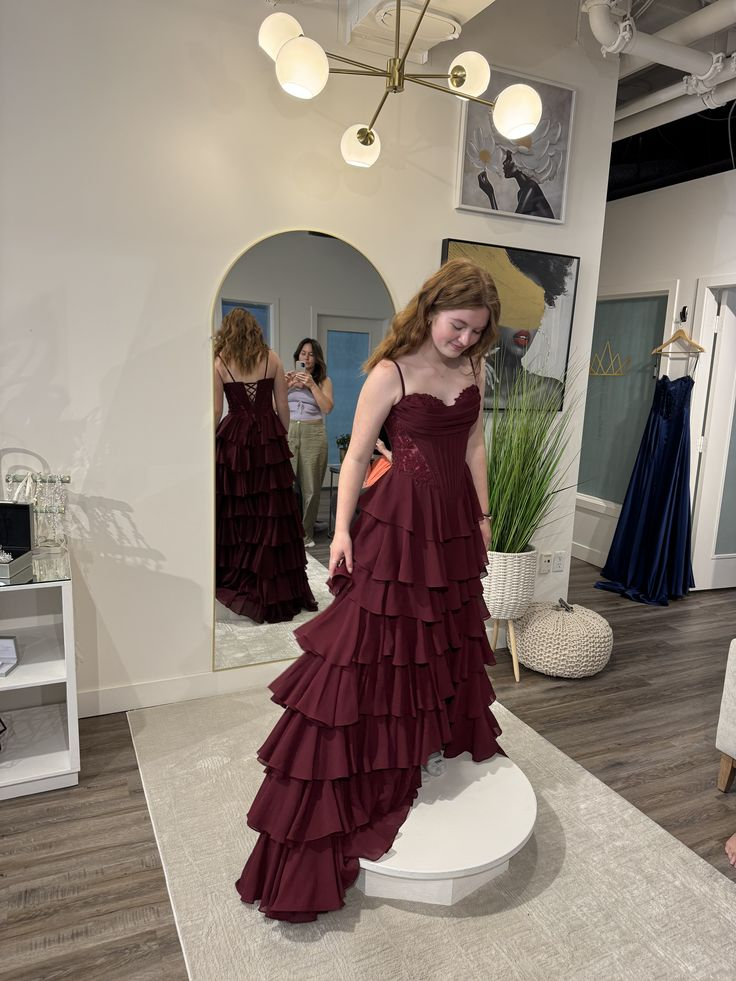 A Line Burgundy Layered Prom Dress Spaghetti Straps Tiered Chiffon Evening Dress J9015
