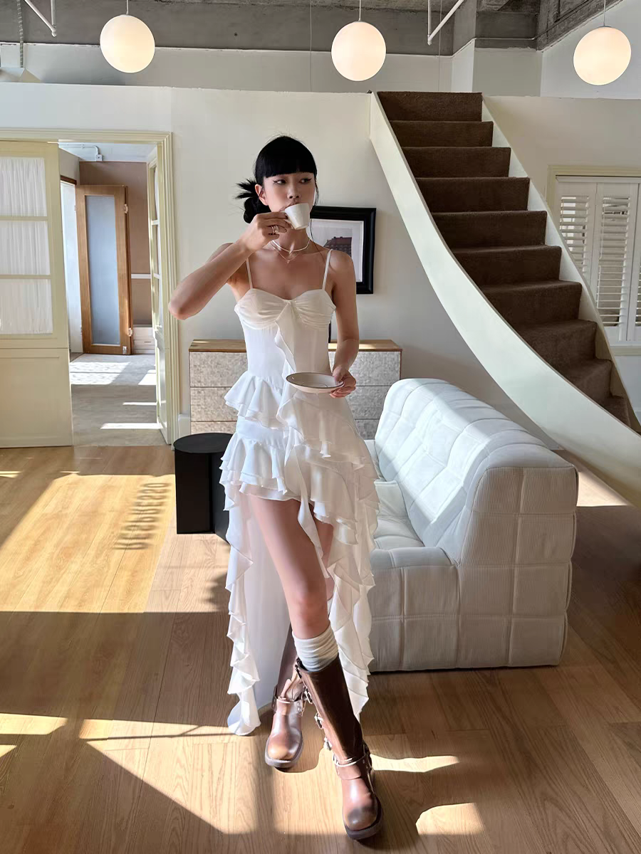 A Line Spaghetti Straps Chiffon Ruffle High-Low Prom Dress Ruffles Evening Dress J9018