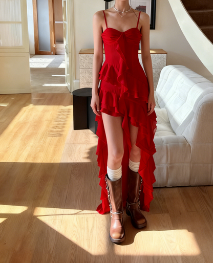 A Line Spaghetti Straps Chiffon Ruffle High-Low Prom Dress Ruffles Evening Dress J9018