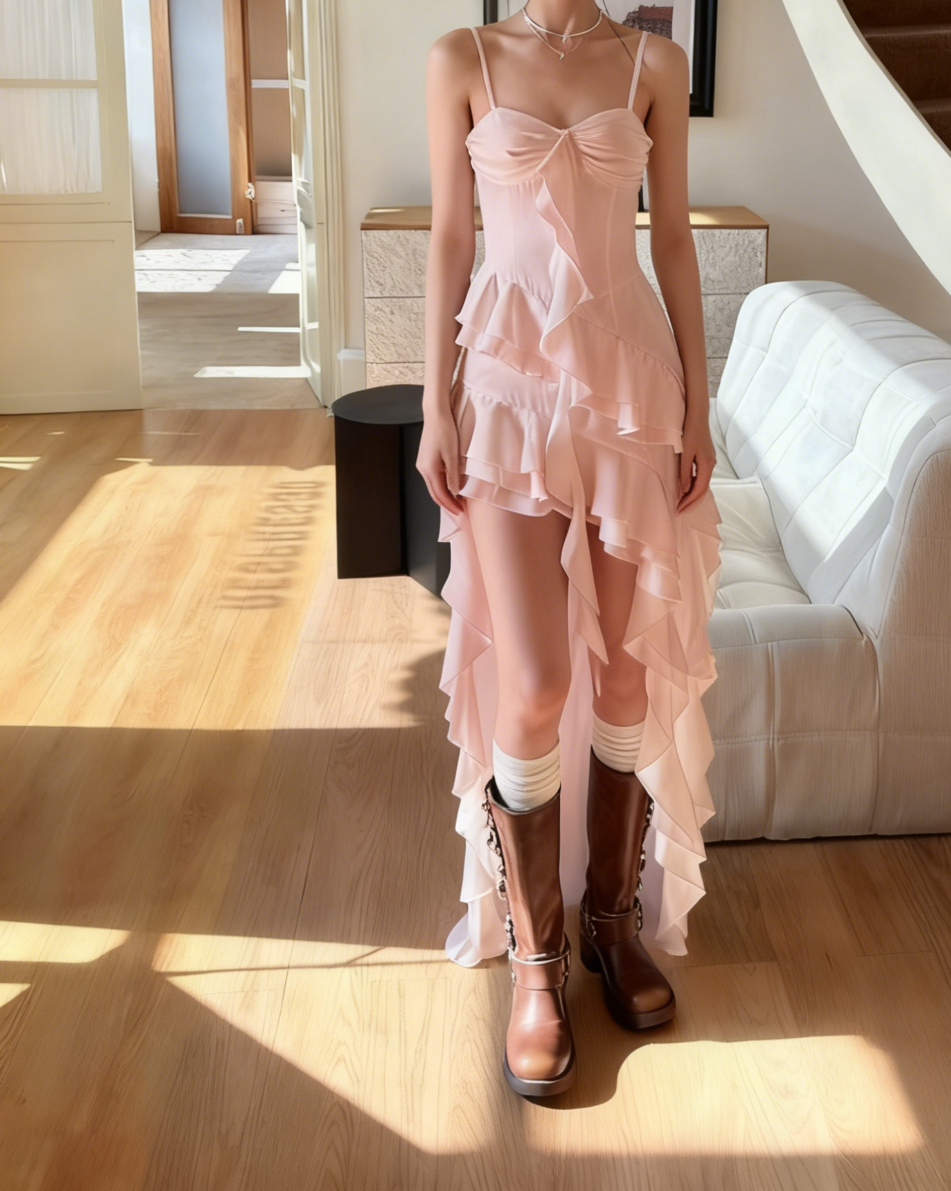 A Line Spaghetti Straps Chiffon Ruffle High-Low Prom Dress Ruffles Evening Dress J9018