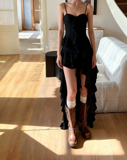 A Line Spaghetti Straps Chiffon Ruffle High-Low Prom Dress Ruffles Evening Dress J9018