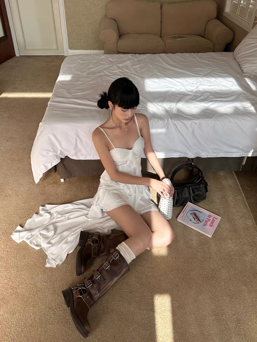 A Line Spaghetti Straps Chiffon Ruffle High-Low Prom Dress Ruffles Evening Dress J9018