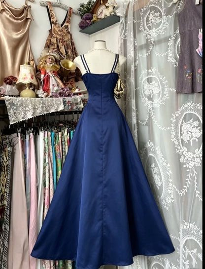 A Line Navy Blue Evening Dress Vintage Long Prom Dress J9020