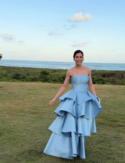 A Line Blue Satin Layered Wedding Guest Dress Evening Dress Prom Dress J9022