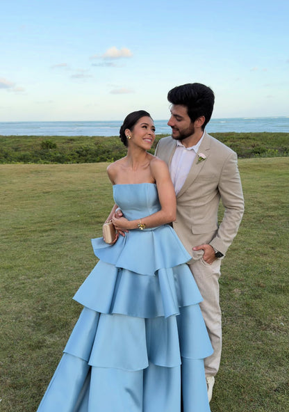 A Line Blue Satin Layered Wedding Guest Dress Evening Dress Prom Dress J9022
