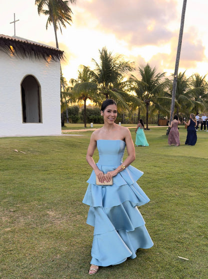 A Line Blue Satin Layered Wedding Guest Dress Evening Dress Prom Dress J9022