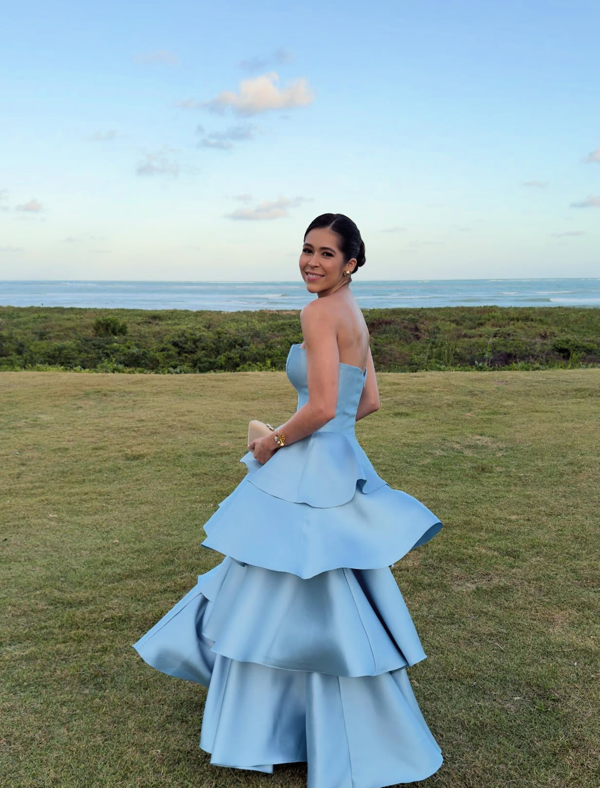 A Line Blue Satin Layered Wedding Guest Dress Evening Dress Prom Dress J9022