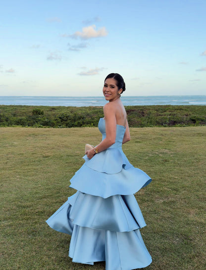 A Line Blue Satin Layered Wedding Guest Dress Evening Dress Prom Dress J9022