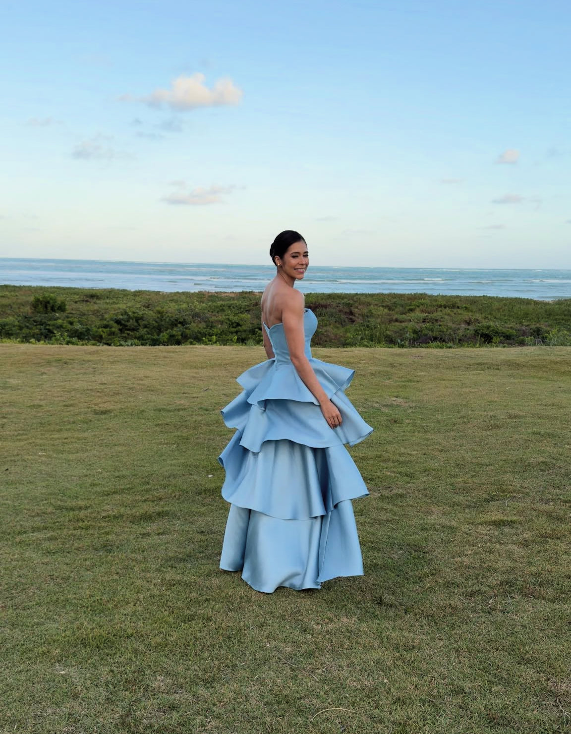 A Line Blue Satin Layered Wedding Guest Dress Evening Dress Prom Dress J9022