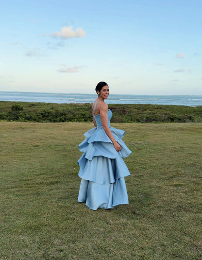 A Line Blue Satin Layered Wedding Guest Dress Evening Dress Prom Dress J9022