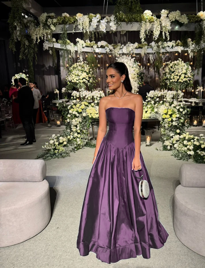Strapless A Line Grape Prom Dress Wedding Guest Dress Formal Evening Dress J9030