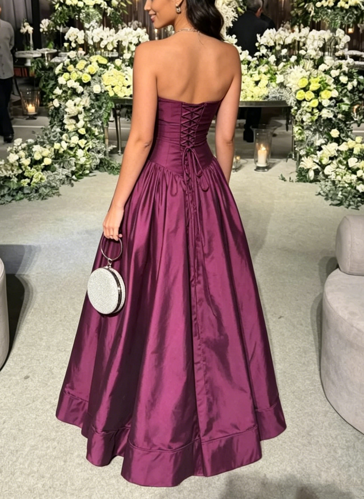 Strapless A Line Grape Prom Dress Wedding Guest Dress Formal Evening Dress J9030