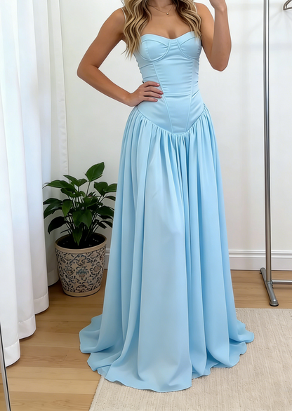 Satin A Line Blue   Long Prom Dress 