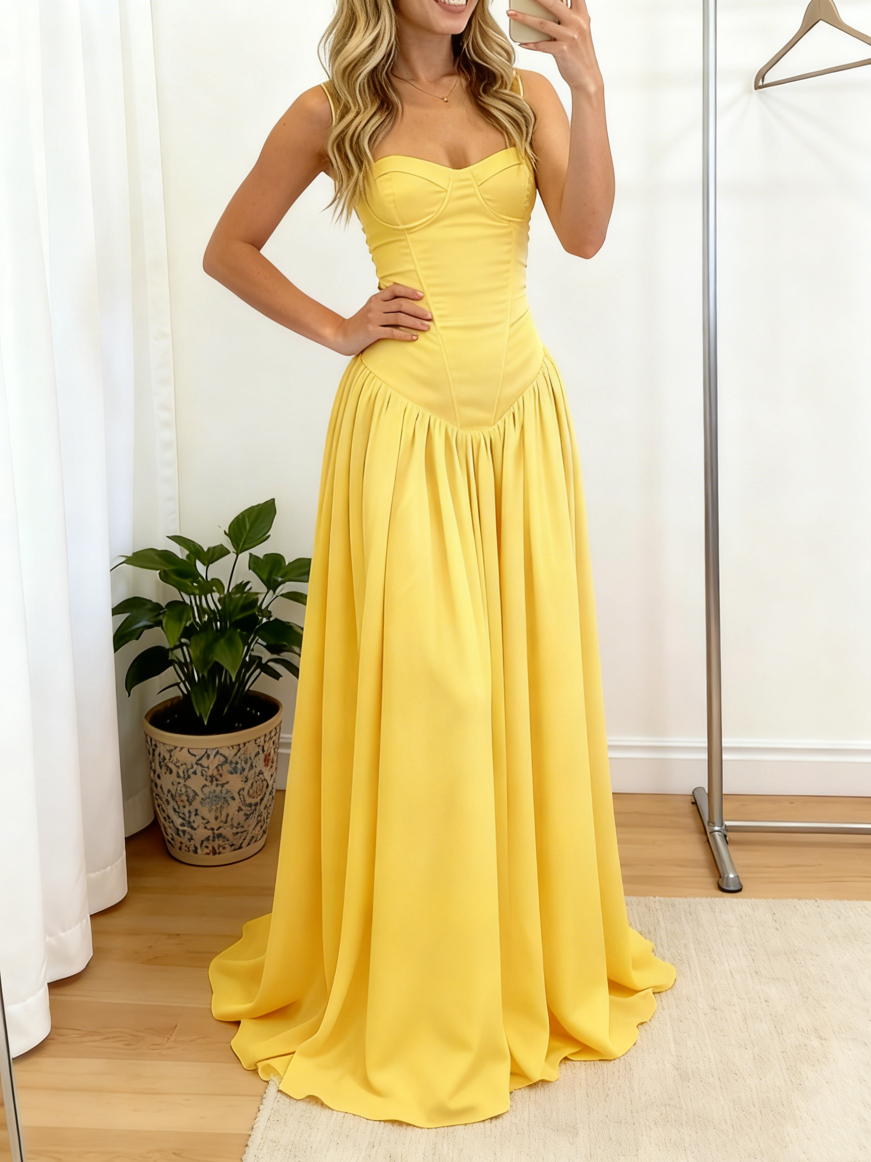 Satin A Line Yellow Long Prom Dress 
