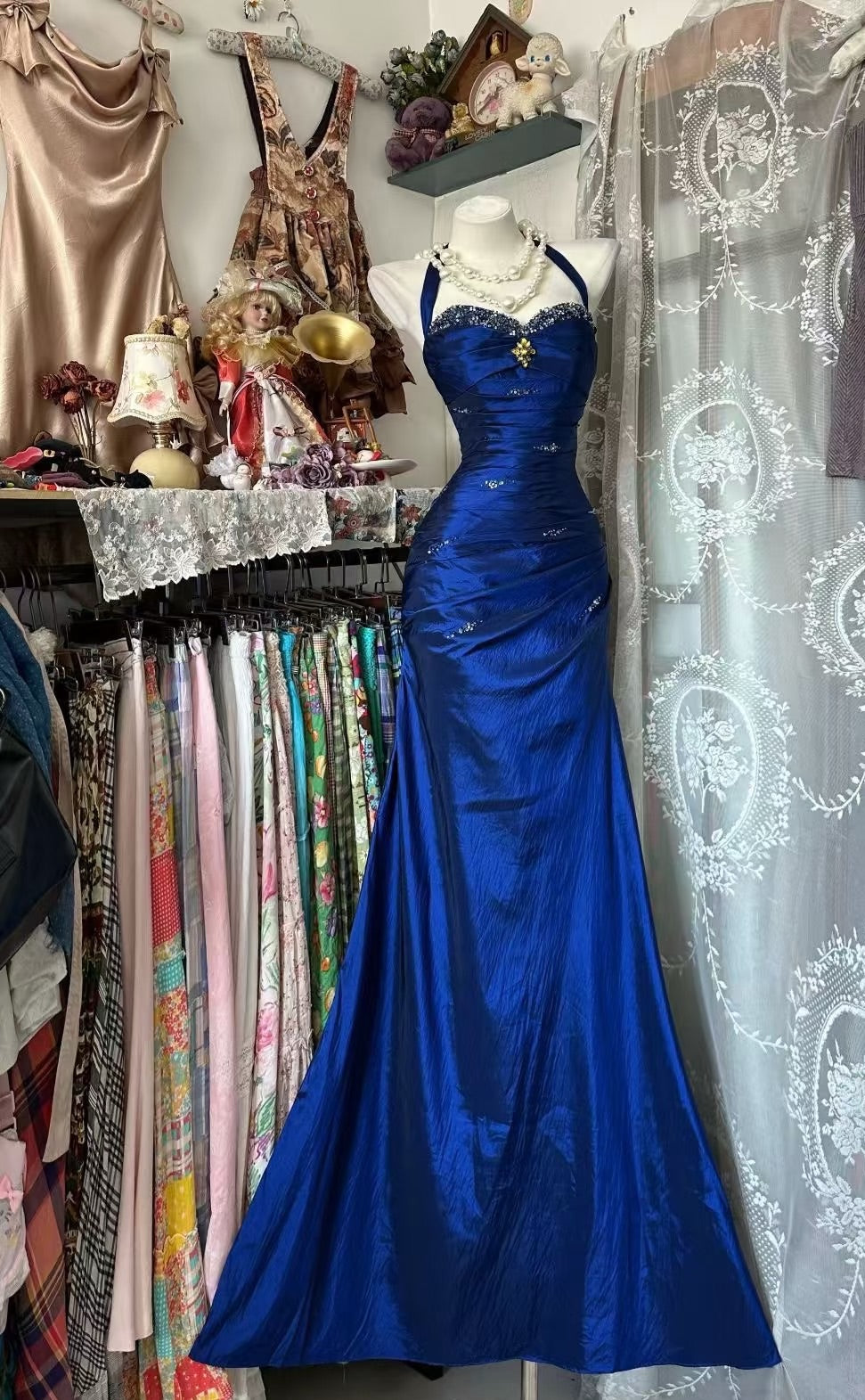 Royal Blue Mermaid Long Prom Dress Beaded Vintage Evening Dress J9052
