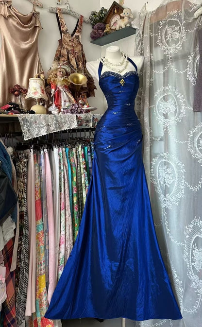 Royal Blue Mermaid Long Prom Dress Beaded Vintage Evening Dress J9052