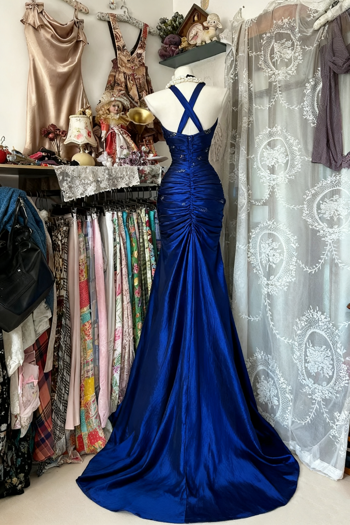 Royal Blue Mermaid Long Prom Dress Beaded Vintage Evening Dress J9052