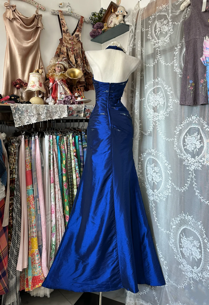 Royal Blue Mermaid Long Prom Dress Beaded Vintage Evening Dress J9052