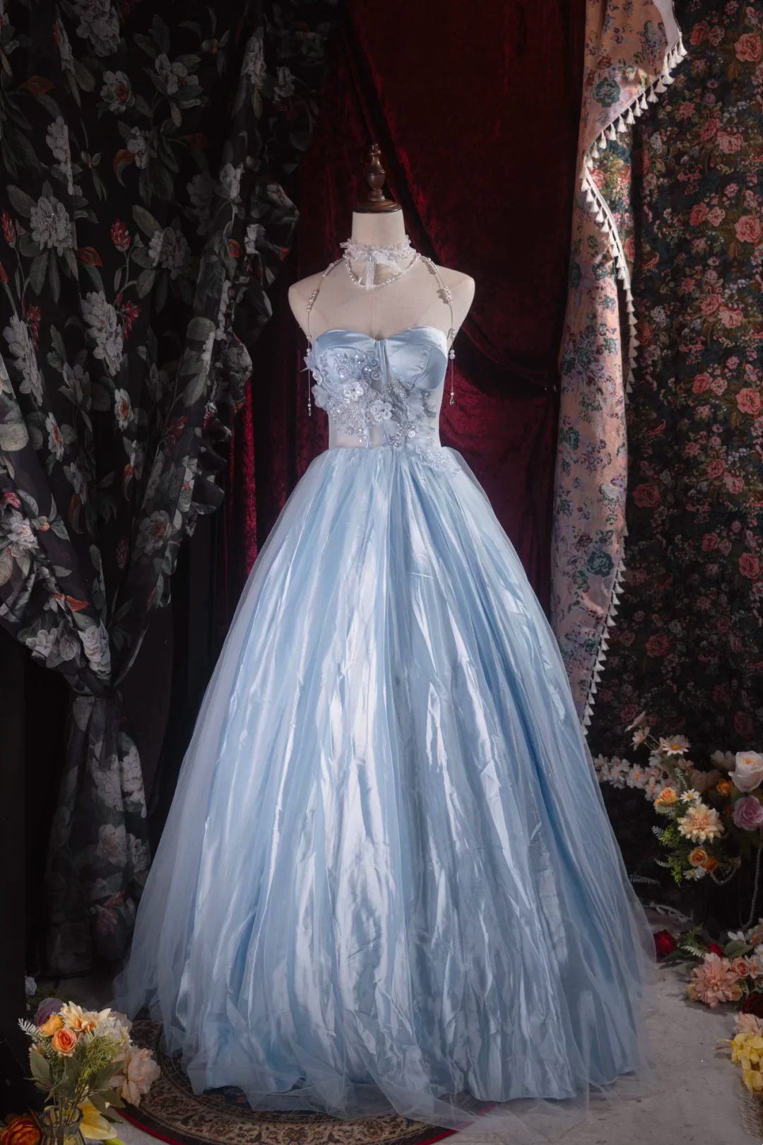 Strapless A Line Blue Prom Dress Formal Party Dress Graduation Dress J9054