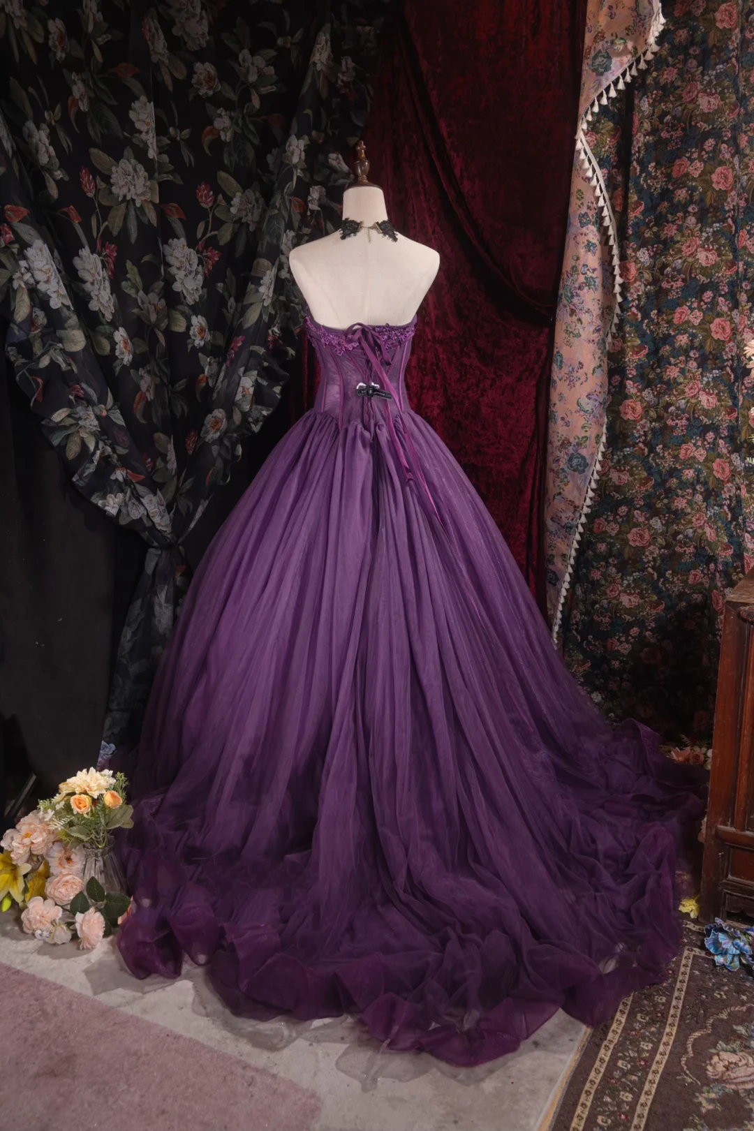 Strapless A Line Purple Tulle Prom Dress Formal Party Dress Graduation Dress J9055