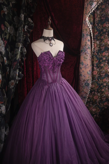 Strapless A Line Purple Tulle Prom Dress Formal Party Dress Graduation Dress J9055