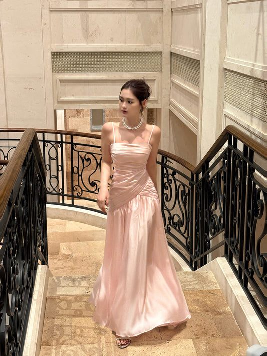 Rosa Etuikleid, lang, mit Seitenschlitz, Satin, formelles Kleid J8820