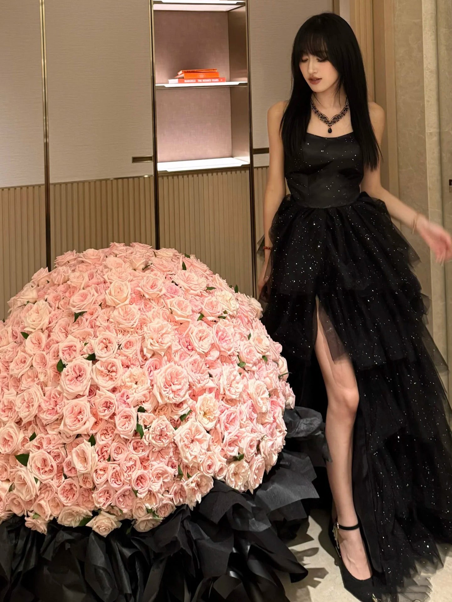 Robe de soirée fourreau noire sexy longue avec fente J8826