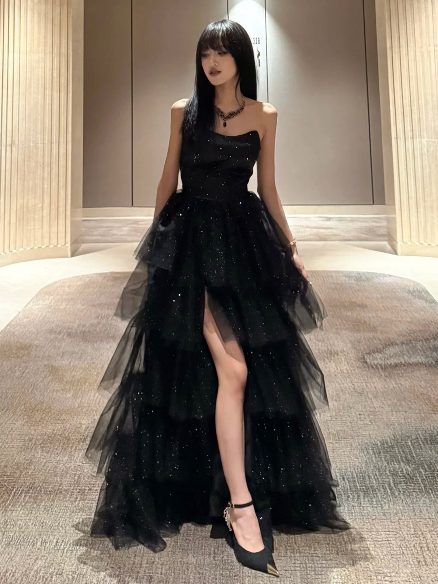 Robe de soirée fourreau noire sexy longue avec fente J8826