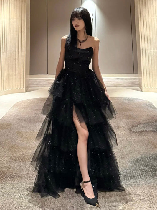 Robe de soirée fourreau noire sexy longue avec fente J8826