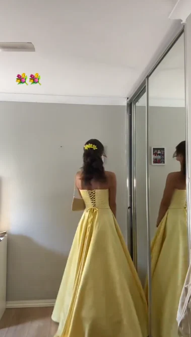 Strapless Yellow A Line Prom Dress Satin Graduation Dress J9068