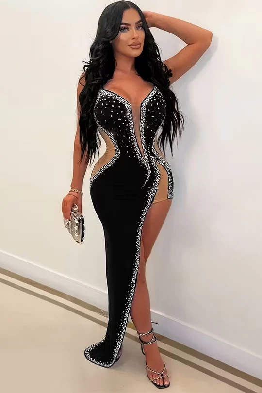 Robe de soirée fourreau noire sexy longue avec fente J8826