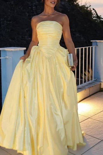 Yellow Strapless A-Line  Satin Evening Prom Dress J9109
