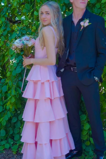 Pink V-Neck Tiered Long Prom Dress A Line Layered Evening Dress J9125