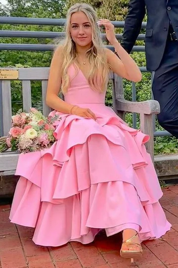 Pink V-Neck Tiered Long Prom Dress A Line Layered Evening Dress J9125