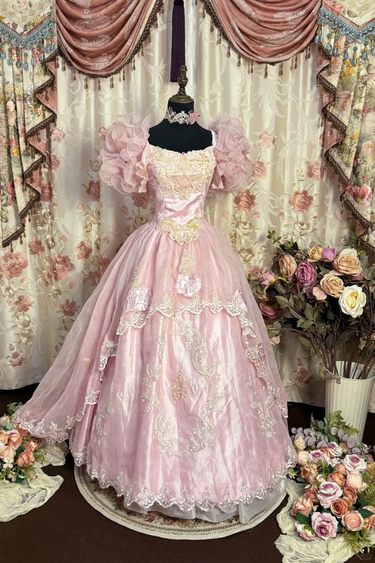 Romantic Vintage Princess Gown Soft Pink Lace Birthday Dress J9146