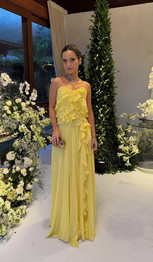 Yellow Ruffle Long Prom Dress Chiffon Wedding Guest Dress J9165