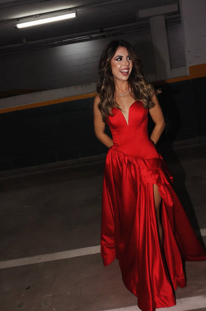 A Line Red Satin Long Prom Dress Graduation Dress Wedding Guest Dress J9169