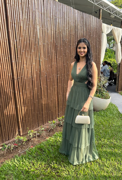 V Neck Green A Line Long Prom Dress Wedding Guest Dress J9173