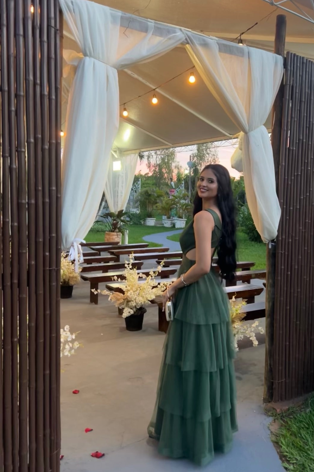 V Neck Green A Line Long Prom Dress Wedding Guest Dress J9173