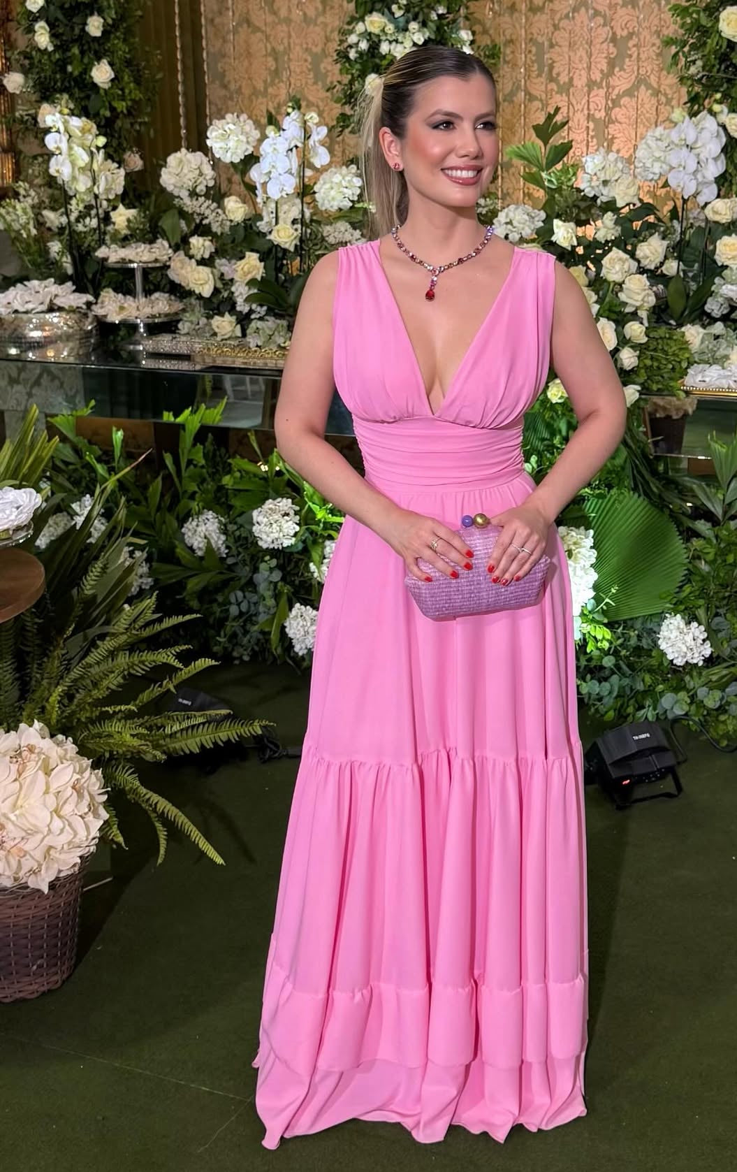 V Neck Pink Long Evening Dress Wedding Guest Dress J9176