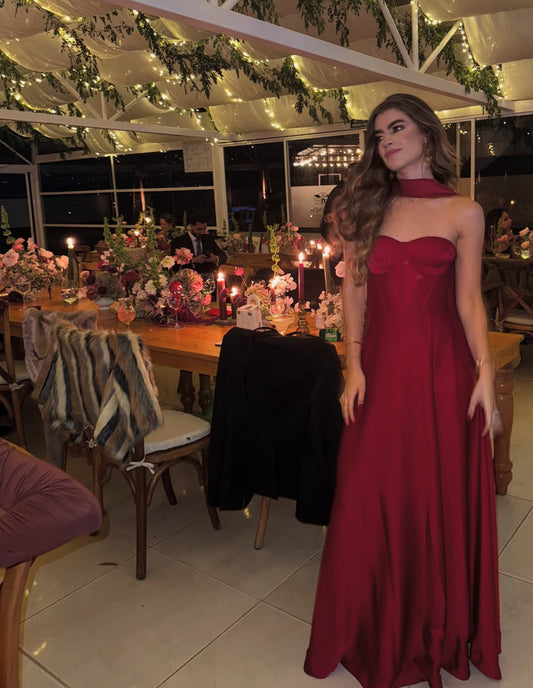 A Line Burgundy Satin Long Prom Dress Formal Wedding Guest Dress J9180