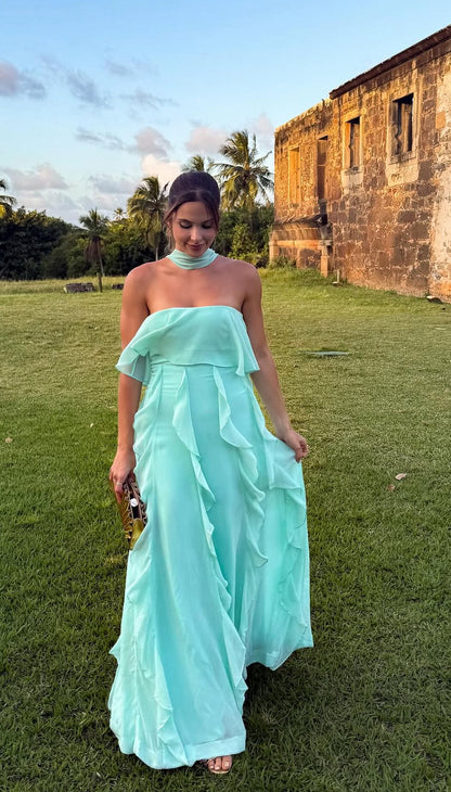Strapless A Line Wedding Guest Dress Ruffle Chiffon Party Dress J9185