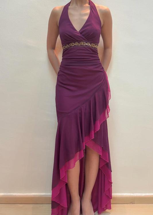Halter Mermaid Ruffle Vintage Long Prom Dress Fuchsia Evening Party Dress J9189