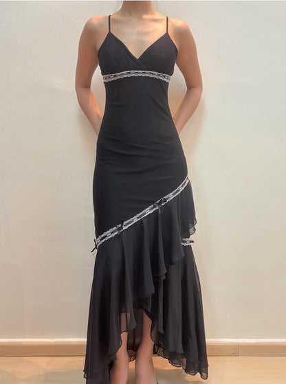 Black Ruffle Vintage Prom Dress Ruffle Evening Party Dress With White Lace J9191