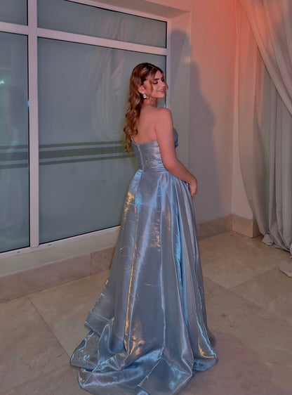 Strapless A Line Blue Long Prom Dress Formal Evening Dress J9193