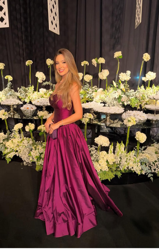 Strapless Fuchsia Satin Long Prom Dress Formal Wedding Guest Dress J9198