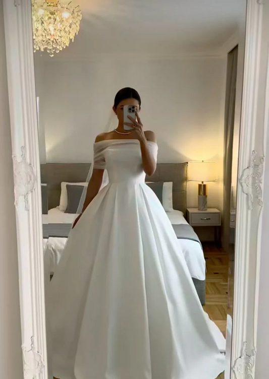 White Off The Shoulder Wedding Dresses A Line Long Simple Bridal Gown J9208