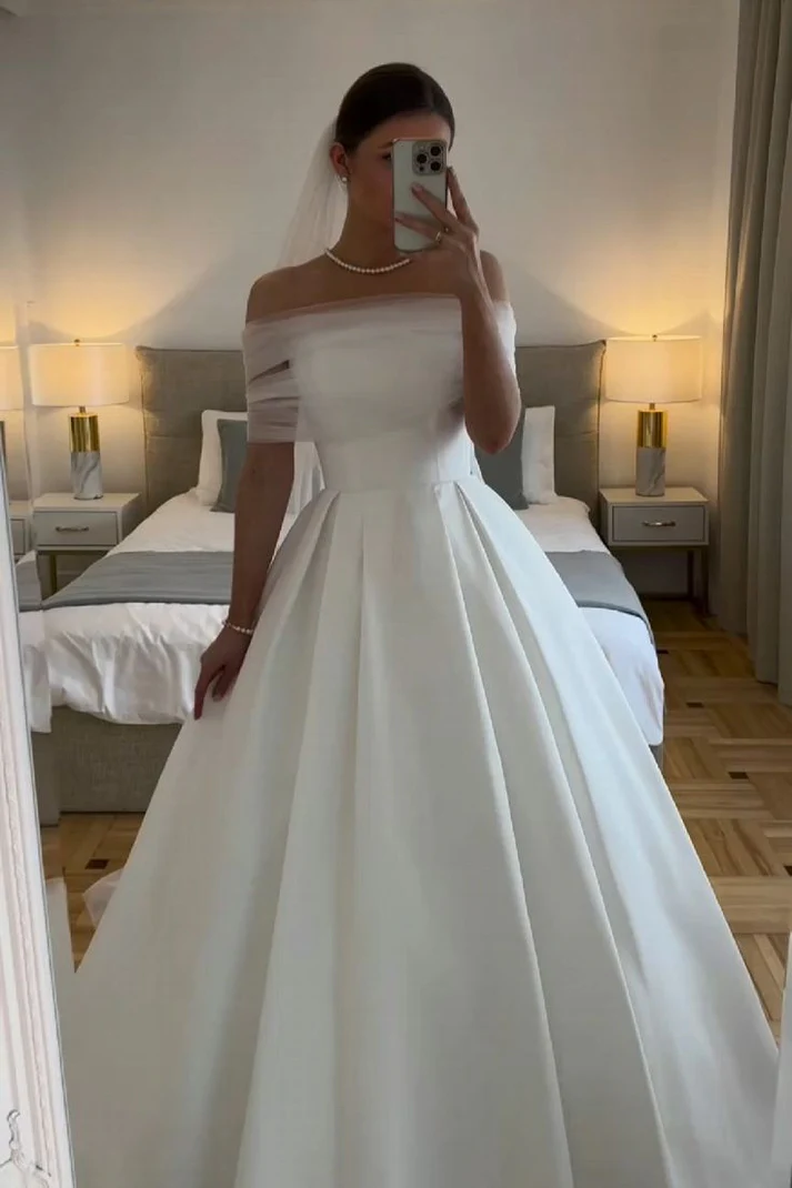 White Off The Shoulder Wedding Dresses A Line Long Simple Bridal Gown J9208